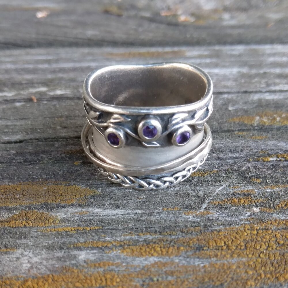Or Paz Amethyst Sterling Silver Wide Band Spinner Ring Size 8
